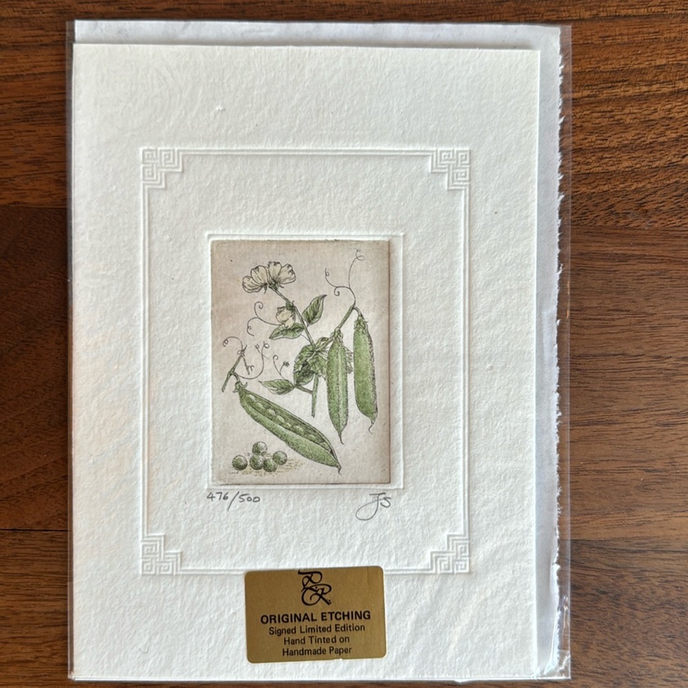 Botanical print, colored and signed limited edition. Depicting peas.